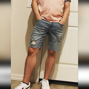 Hot Topic HT Denim Skinny Denim Shorts 36 Raw hem Light Indigo Men's